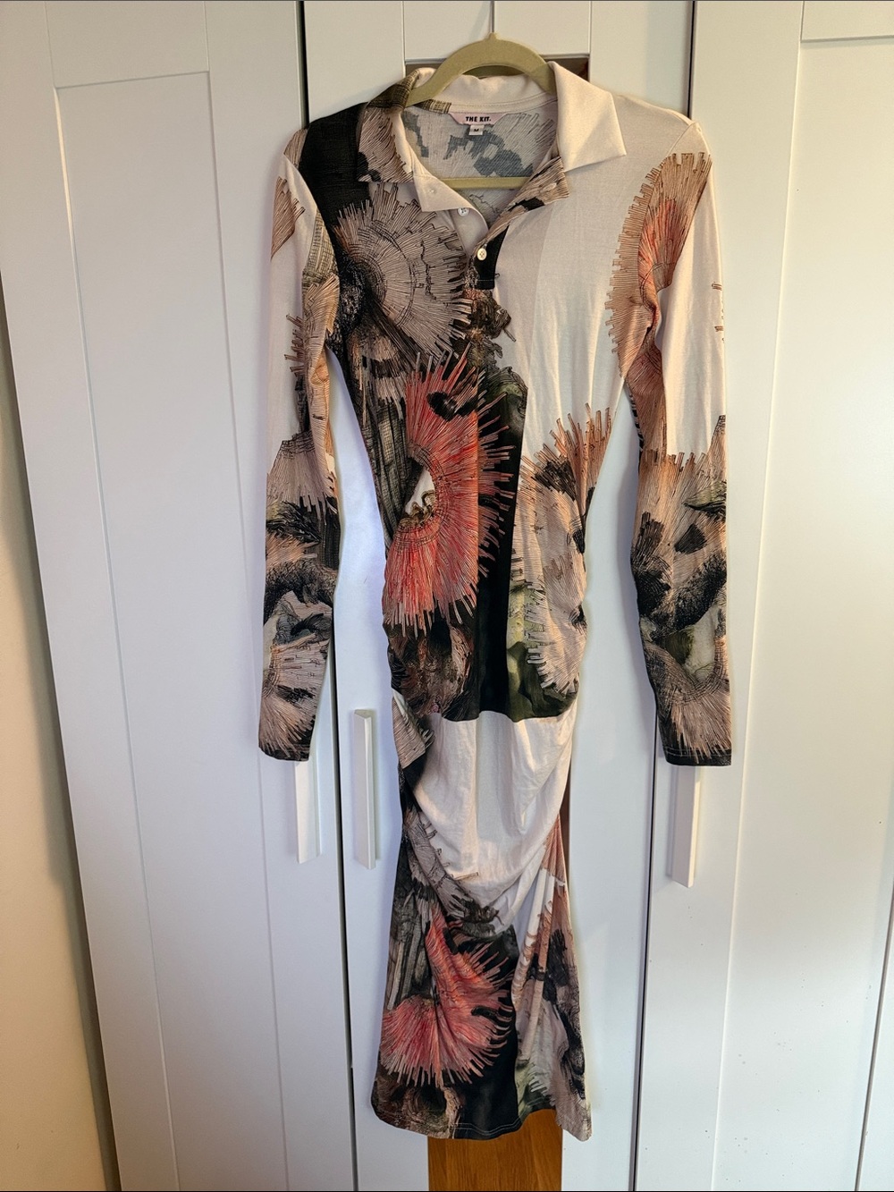 Long Sleeve Floral Print Polo Dress - Cream & Black